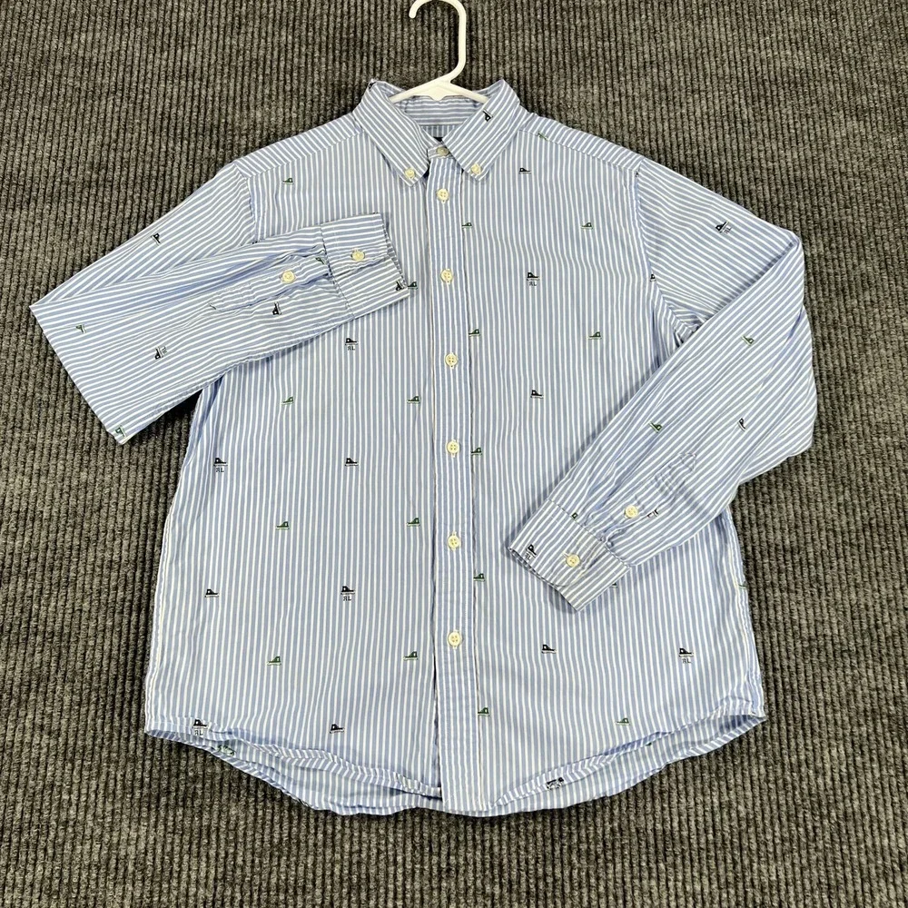 Ralph Lauren Shirt Boys Large 14-16 Blue White Striped Button Down Flag Preppy
